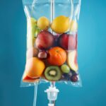 Das Foto zeigt symbolisch einen Infusionsbeutel der gefüllt ist mit Obst. Es soll die Möglichkeit einer Vitamininfusion zur Stärkung der eigenen Abwehrkräfte symbolisiert werden.