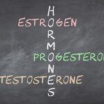Weibliche Sexualhormone Östrogen, Progesteron und Testosteron auf der Tafel als Kreuzworträtsel geschrieben.