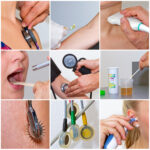 Fotocollage mit verschiedenen Aspekten aus dem Bereich der Allgemeinmedizin, u.a. Abhören der Lunge, Blutentnahme, Ultraschalluntersuchung der Schilddrüse, Inspektion des Rachens mit einem Holzspatel und Lampe, Blutdruckmessung, Urindiagnostik, Neurologischer Diagnostik, sowie EKG und Temperaturmessung im Ohr.