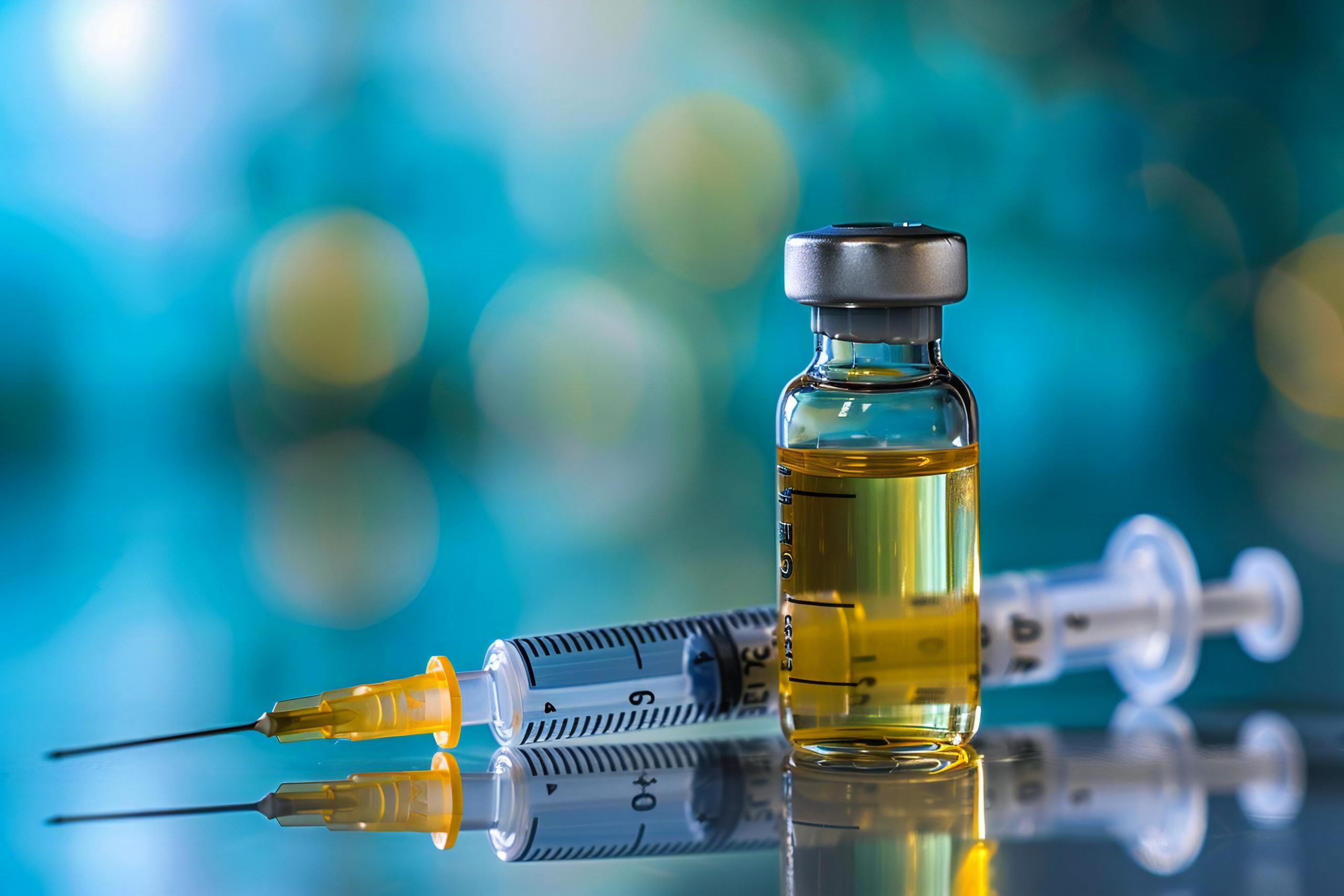 Vorbereitung einer Impfspritze mit Nadel und Durchstechflasche mit gelber Injektionslösung